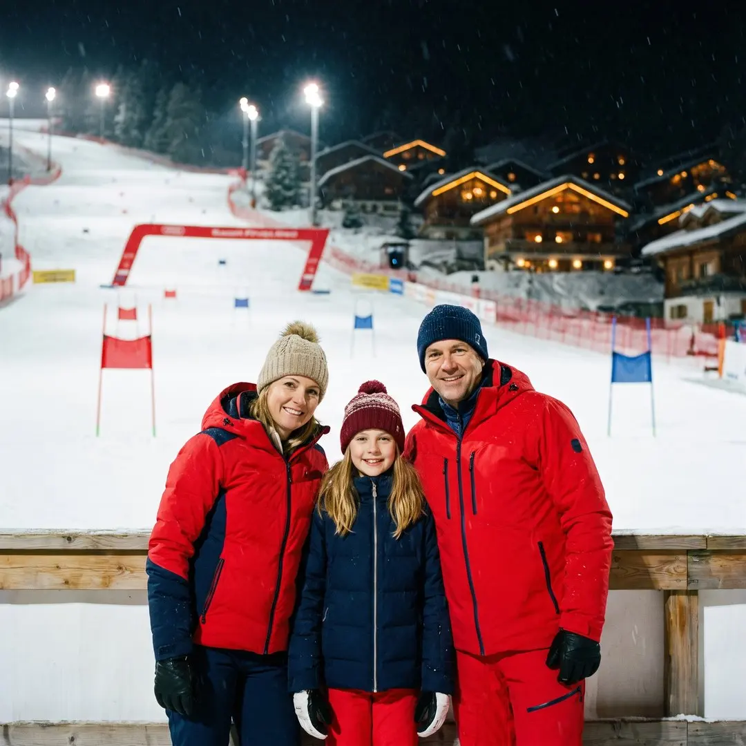 A mother, father and their twelve-year-old daughter in bright red and navy ski jackets, standing at the barrier of a floodlit slalom finish area at night, blue and red gates glowing on the snowy slope behind them, chalets of Courchevel 1850 lit up warmly in the background.