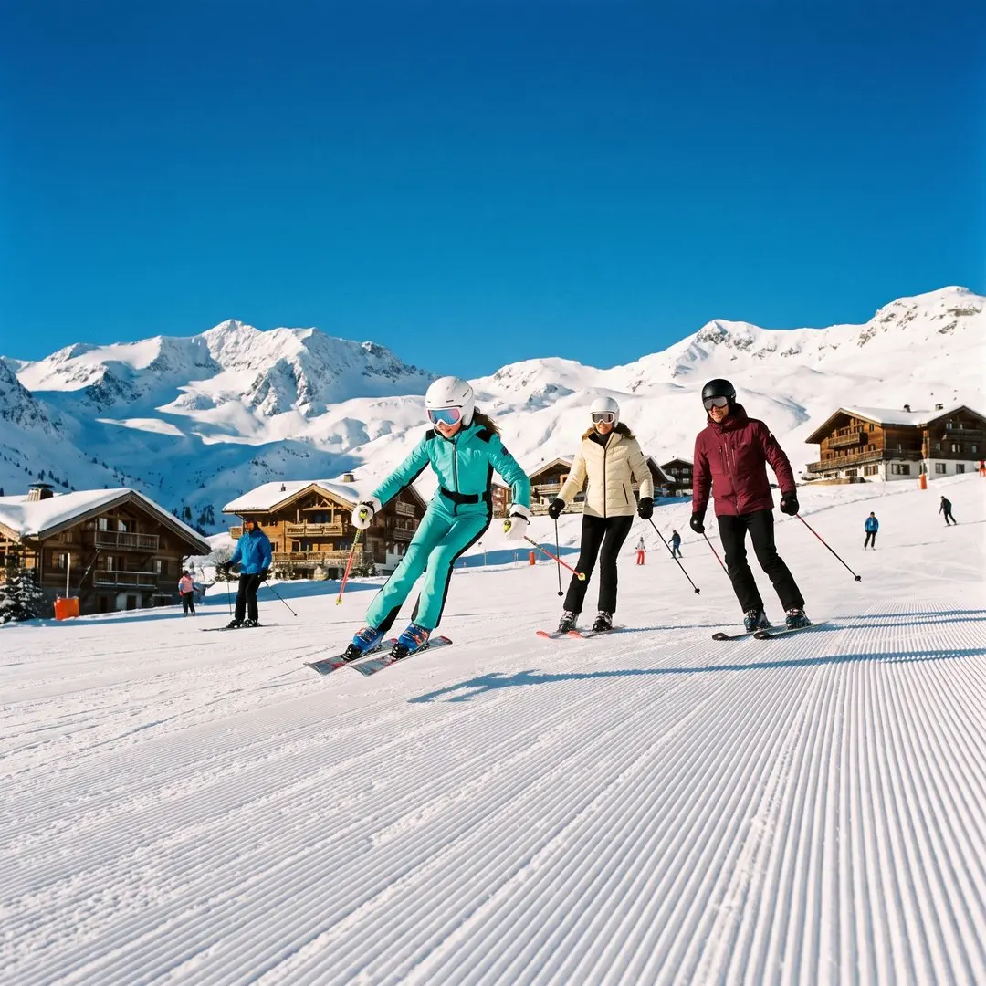 A young girl in a turquoise race suit and white helmet skiing a groomed piste in bright morning sun, her parents in cream and burgundy ski jackets following behind, deep blue sky and snowy peaks of Les 3 Vallées around them.