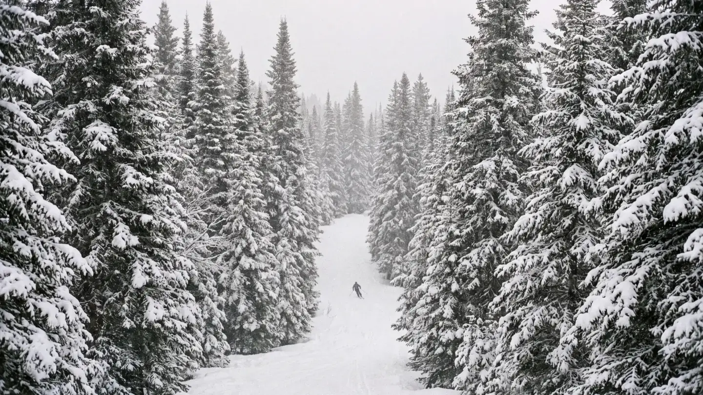 The wooden chalets of La Tania in a snowy forest clearing, with the gondola rising through the pine trees behind the village.