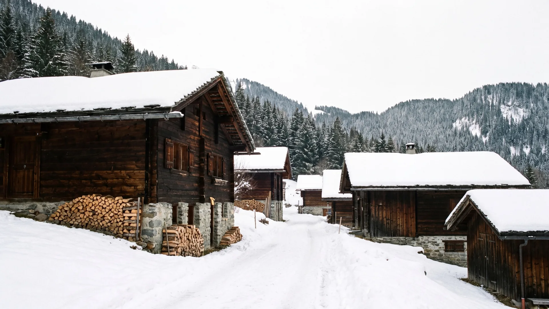 A view down the Courchevel valley in winter, with the chalets of Courchevel 1850 in the foreground and the lower villages among the forest below.