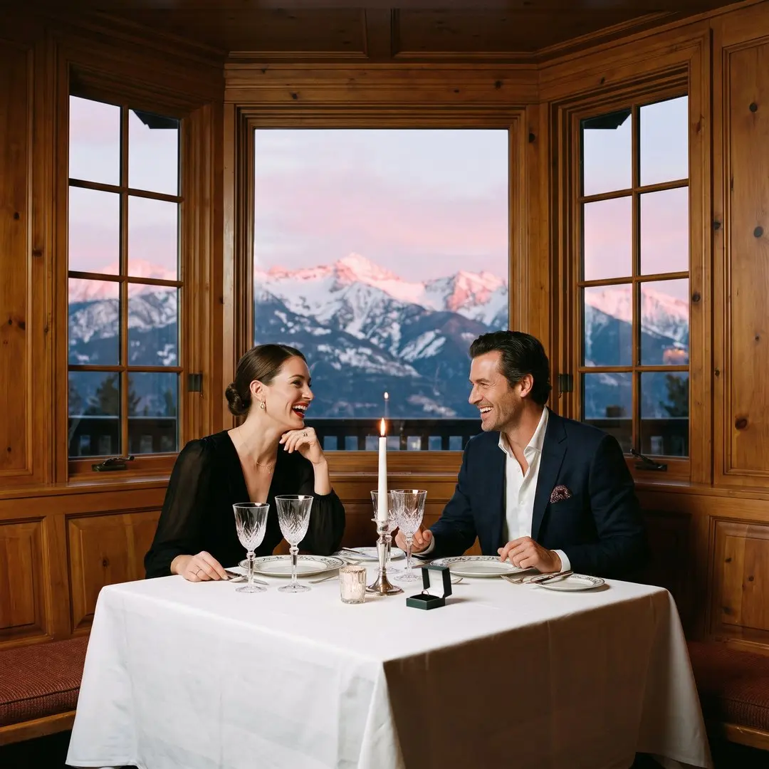 A couple in elegant winter coats laughing at a candlelit table for two by a large window, with snowy peaks turning pink at dusk outside, warm wood interior, a ring box on the white tablecloth