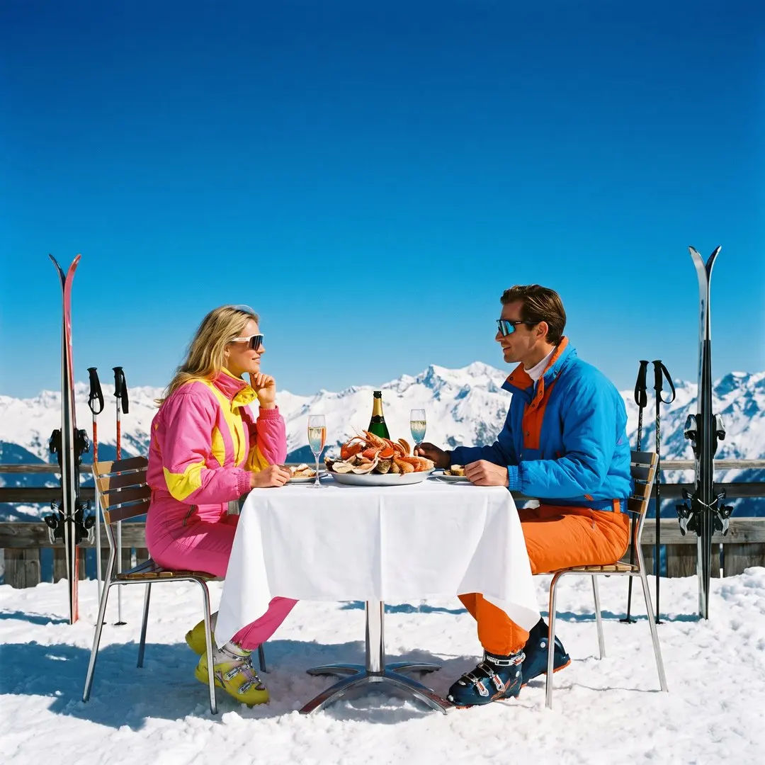 A couple in colourful ski suits sharing a lunch for two on a sunny mountain terrace, skis planted in the snow beside the table, white tablecloth, two glasses of champagne, blue sky and snowy peaks behind