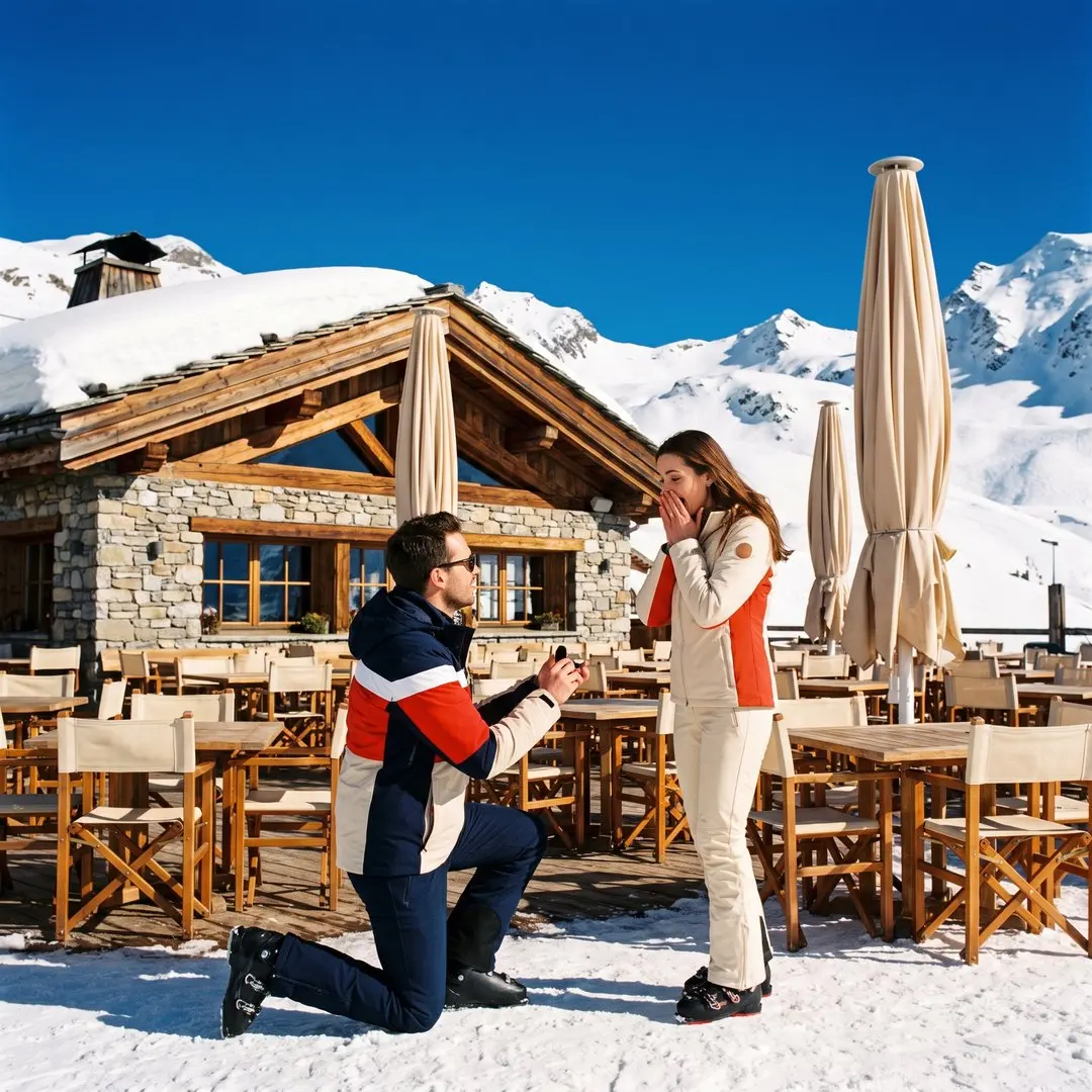 A man on one knee proposing to a woman on a snowy mountain terrace at midday, she covers her mouth in surprise, colourful ski jackets, empty lunch tables and sunshades behind, bright blue sky and white peaks