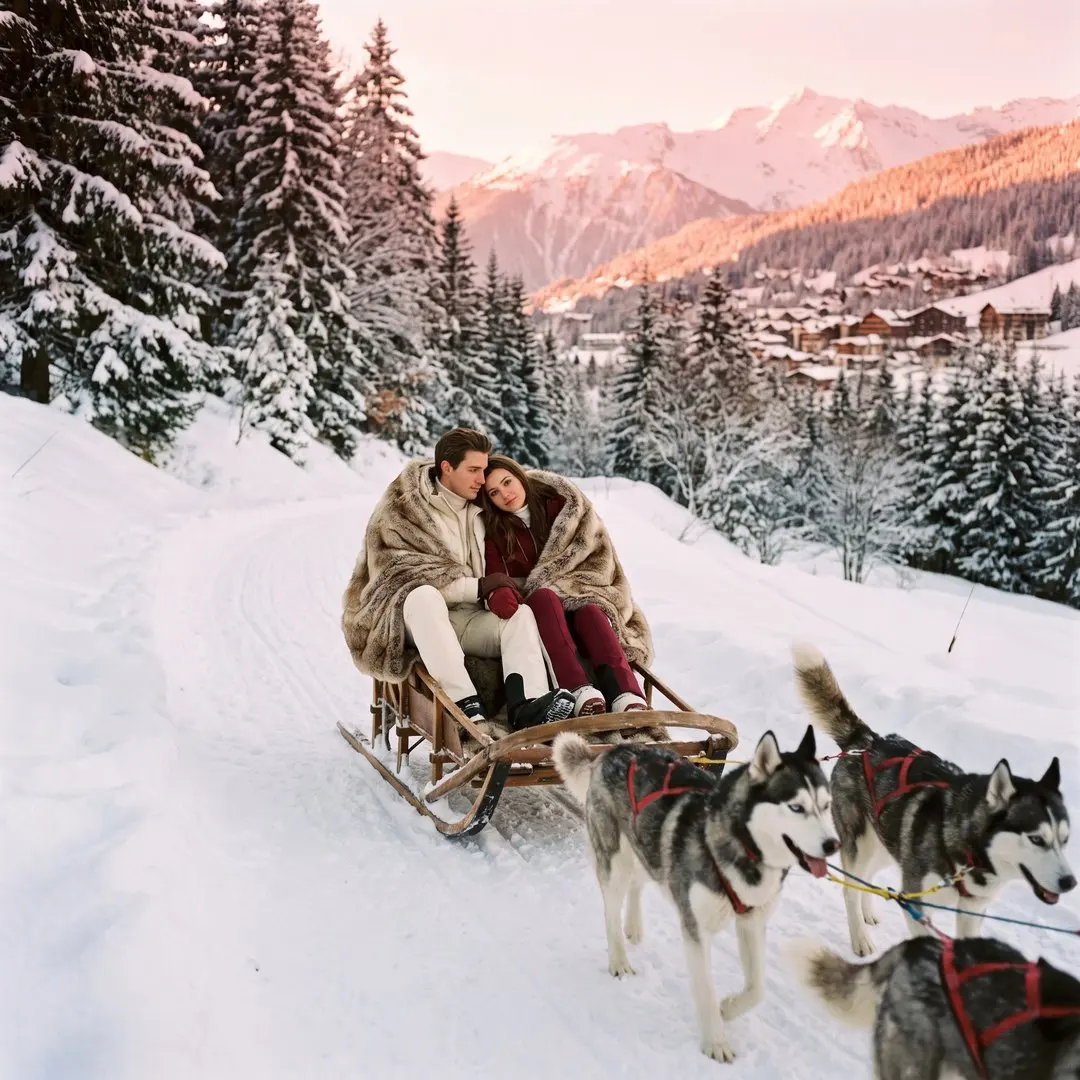 A young couple wrapped in a fur blanket on a wooden dog sled pulled by huskies along a snowy forest trail above Courchevel, warm pink sunset light on the peaks, luxurious ski outfits in cream and deep red