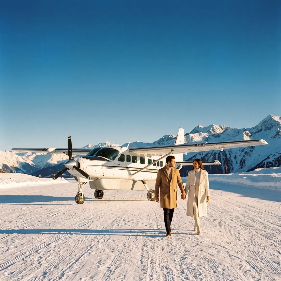 A small white propeller plane on the snowy runway of the Courchevel Altiport at sunrise, a couple in elegant camel and ivory winter coats walking towards it hand in hand, blue sky and golden light on the Alpine peaks