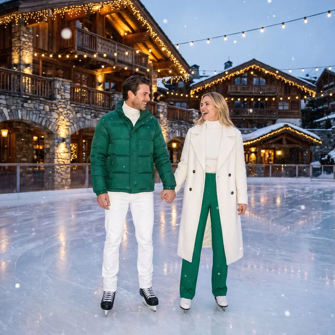 A couple laughing as they skate hand in hand on an outdoor ice rink in Courchevel 1850 at dusk, string lights and chalet facades glowing behind them, stylish winter outfits in emerald green and white