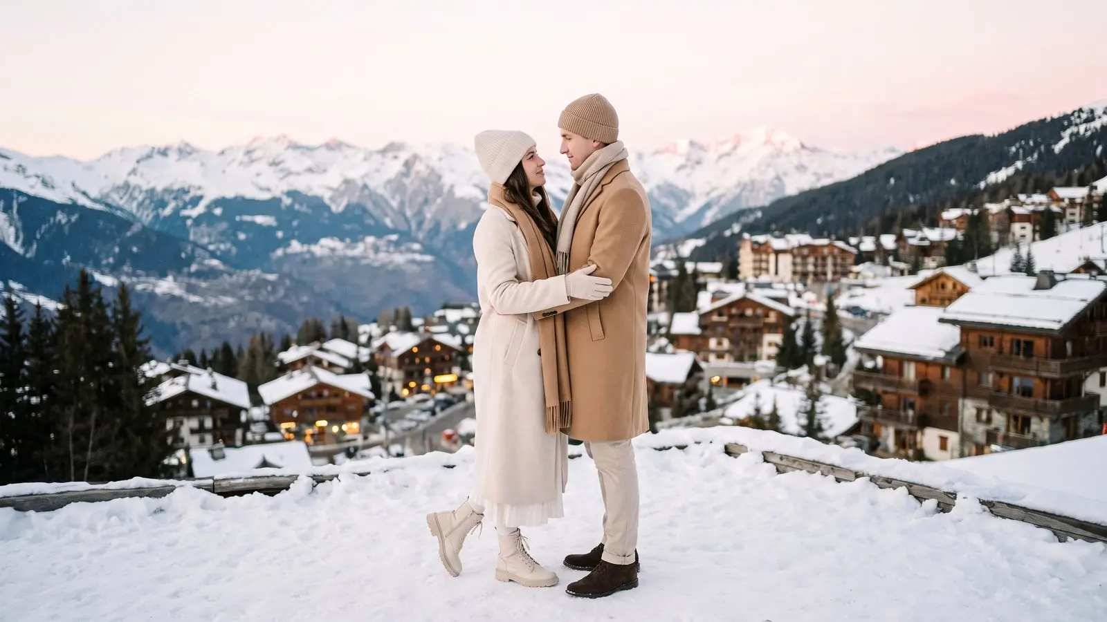 A newly married couple in elegant winter outfits sharing a quiet moment on a snowy terrace in Courchevel 1850 at dusk, chalets lit up below and pink light on the peaks of Les 3 Vallées.