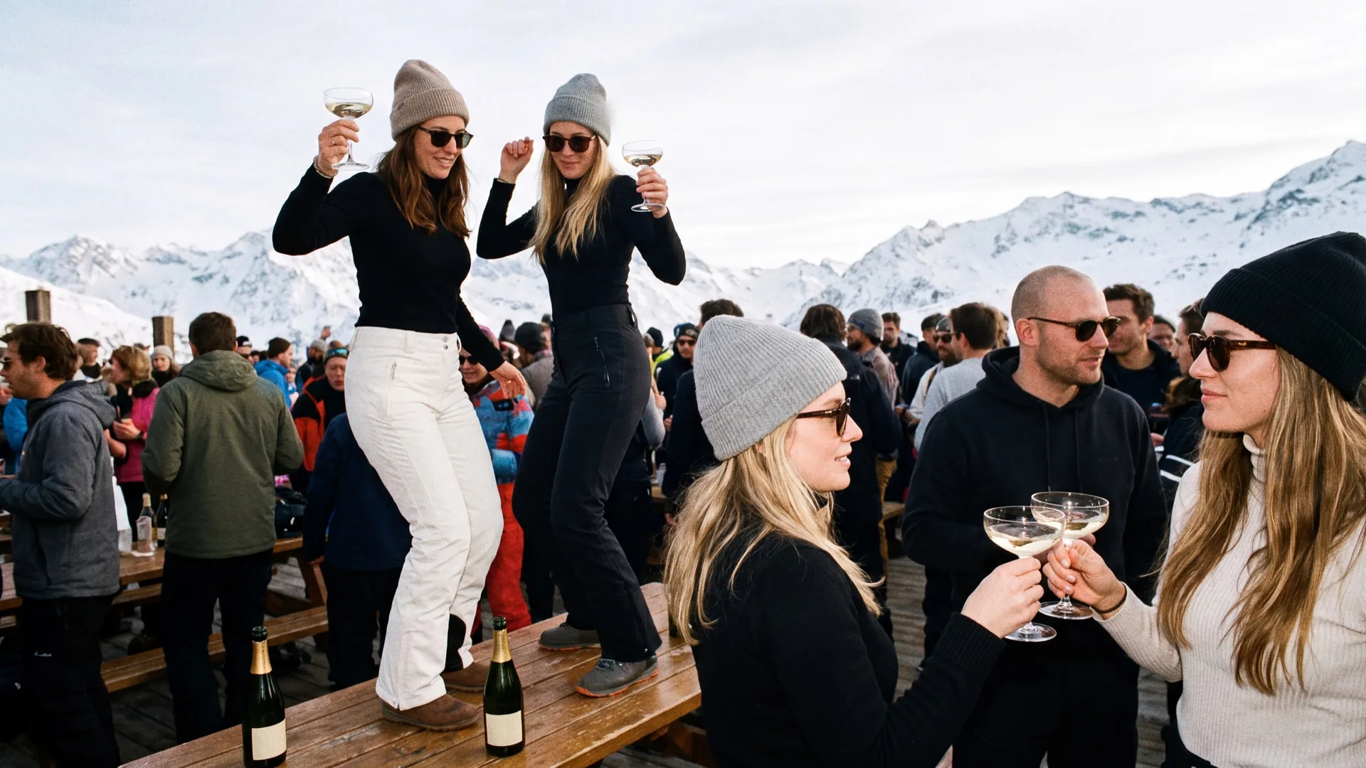 A sunny mountain restaurant terrace in Courchevel with skis planted in the snow beside the tables and peaks in the background.