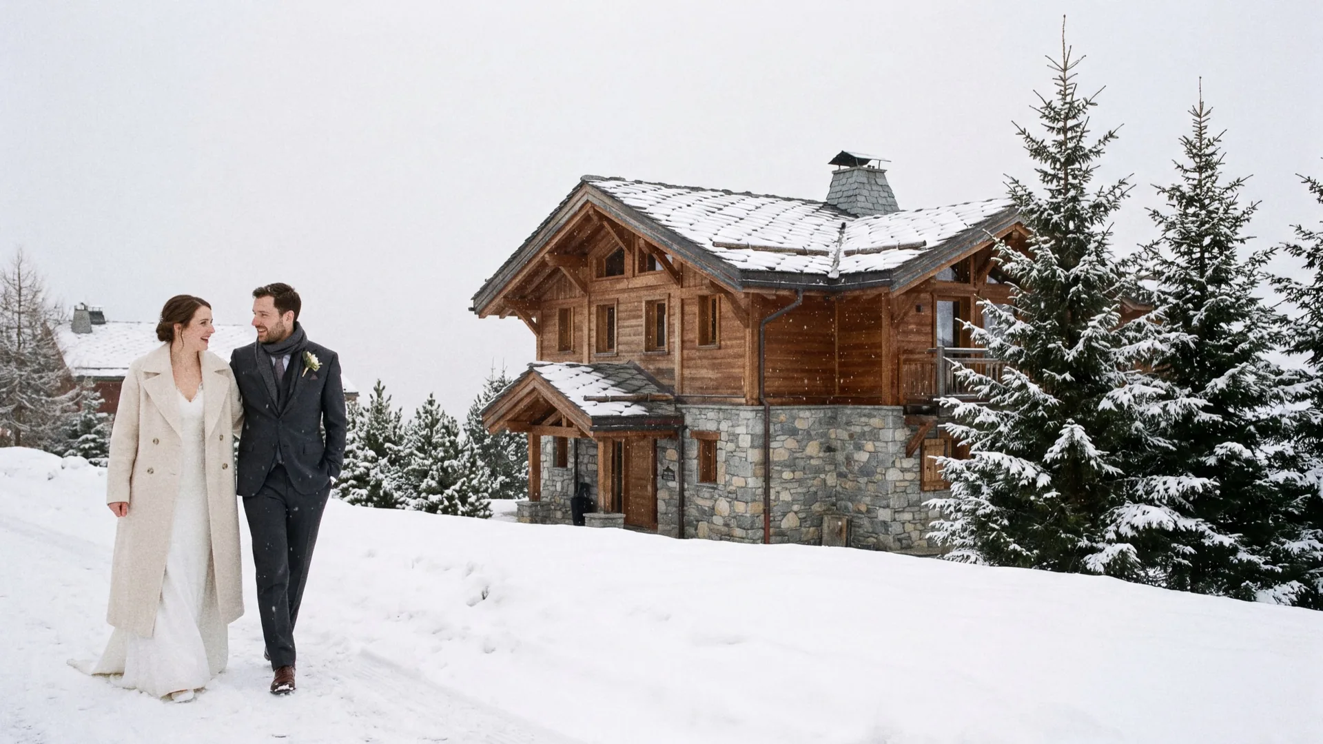 A couple in wedding clothes and winter coats standing on fresh snow above Courchevel, with snow-covered peaks behind them.