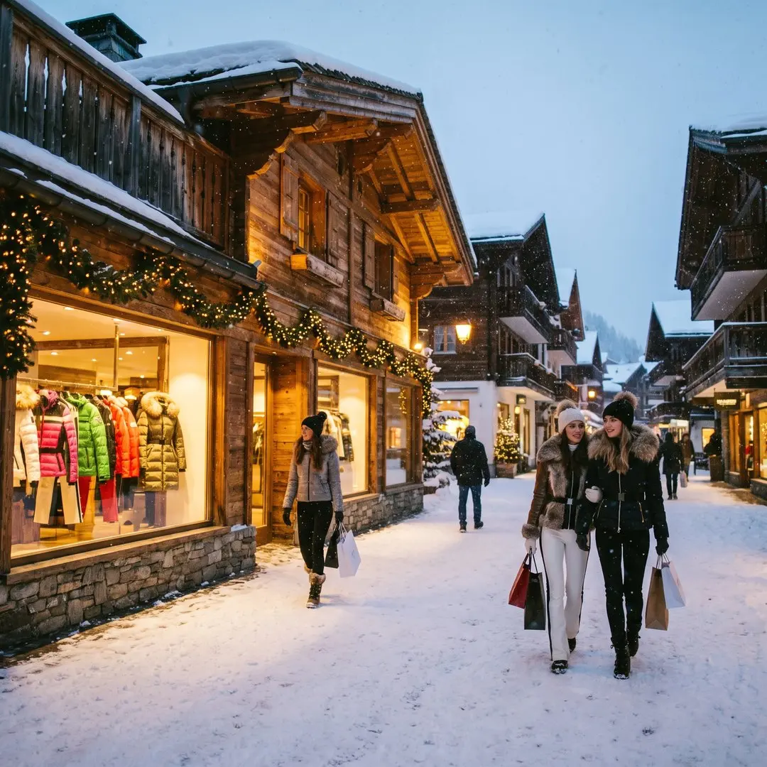 A snowy village street in Courchevel 1850 at dusk, with warmly lit boutique windows showing colourful designer ski jackets and fur-trimmed coats, fairy lights on wooden chalet facades, a few elegant shoppers walking with shopping bags