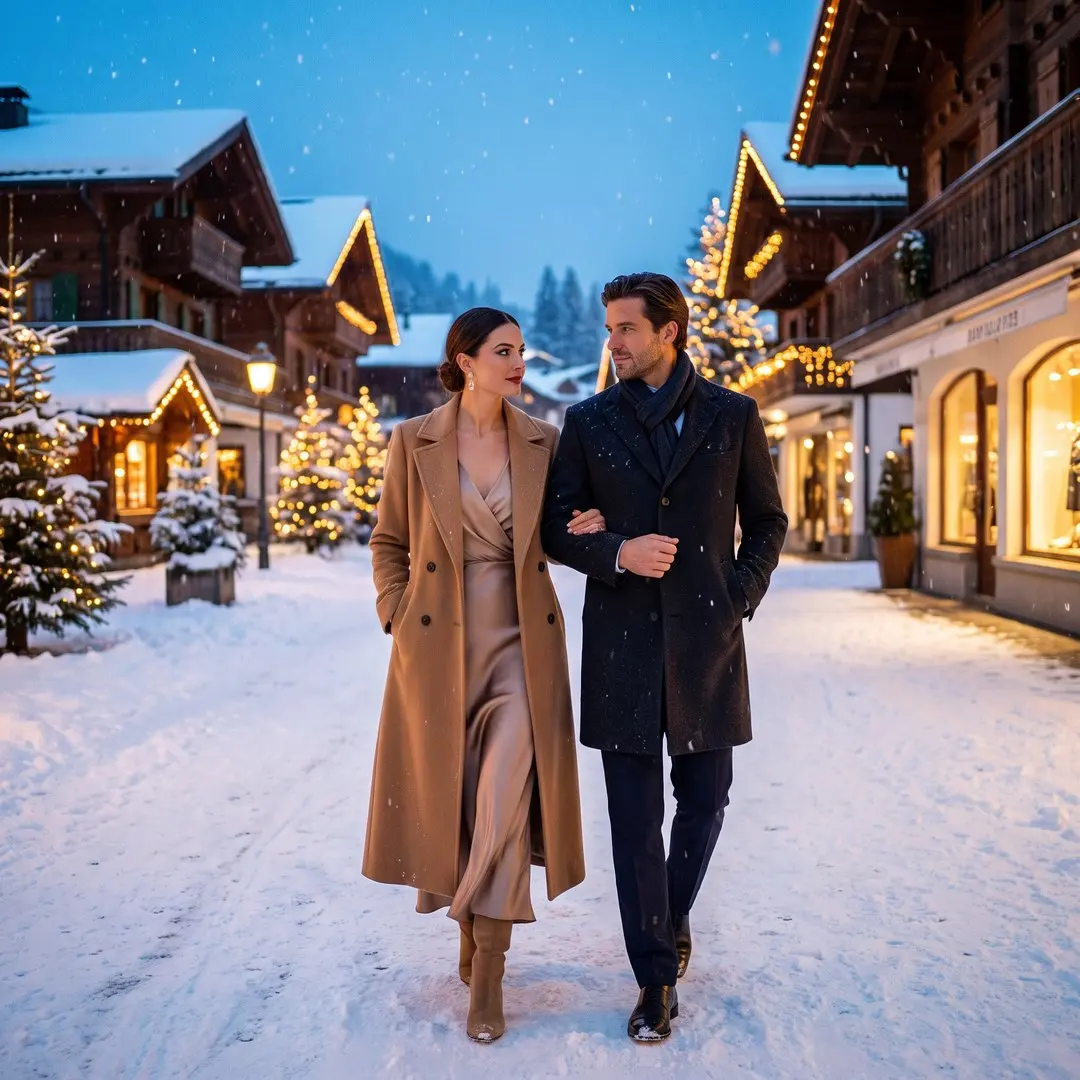 An elegant couple in evening wear walking arm in arm on a snowy street in Courchevel 1850 at blue hour, she in a long camel coat over a satin dress and heeled boots, he in a dark wool coat, warm shop lights and chalet facades behind them